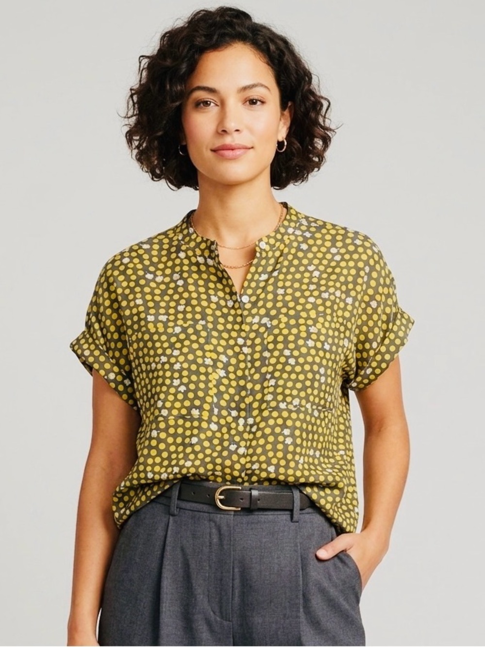 CAbi polka dot 100% silk blouse yellow, gray and cream Size M